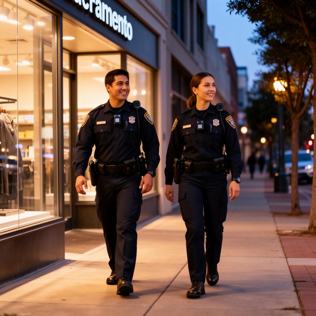 Two Stormhammer Security officers on foot patrol along a Sacramento storefront at dusk