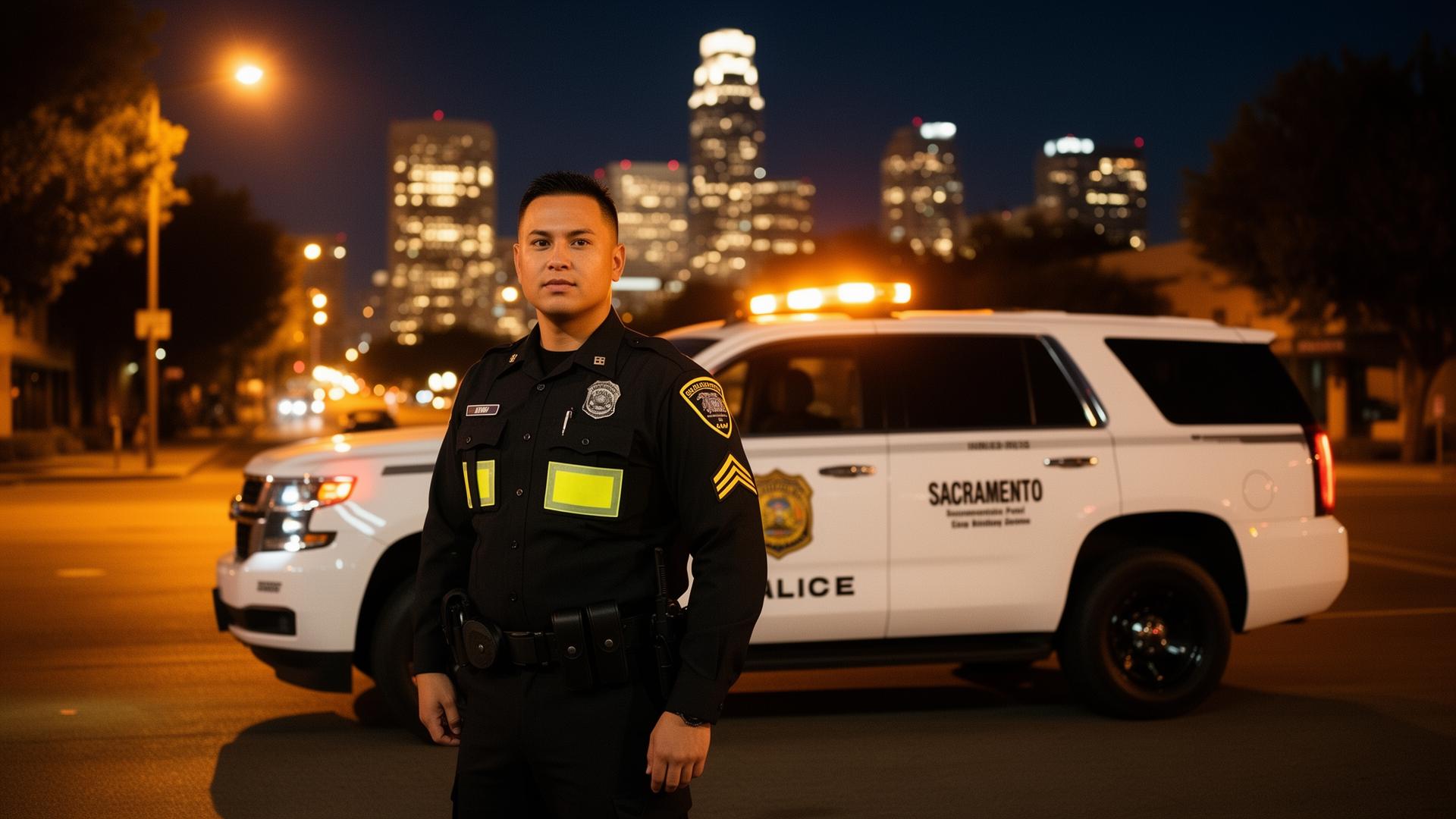 Licensed unarmed Stormhammer security guard in Sacramento standing in front of a marked patrol SUV at night